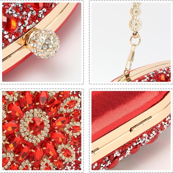 Women's Satin Crystal Clutch Purse Elegant Diamond Beaded Evening Bag - Picture 4 of 6